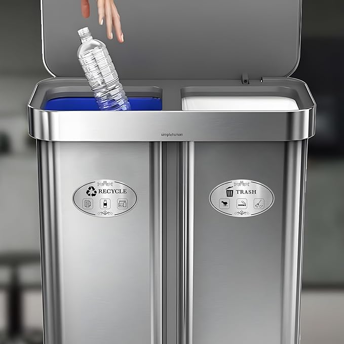 2PCS Recycle Stickers for Trash Bins, Self-Adhesive Waterproof Brushed Silver Trash and Recycling Stickers for Trash Can, Kitchen, Office, Garbage Bin Indoor, Outdoor Use 5.5x3.2IN