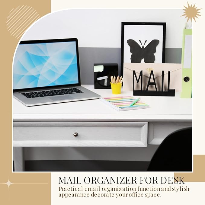 Vercraft Mail Organizer Holder Organizer Countertop Modern Wooden Black Letter Holder with Cutout Lettering Design Outgoing Mail Holders for Office Desktop Envelope and Document Storage Rack