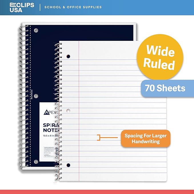 E-CLIPS USA Spiral Notebook, Wide Ruled Notebooks (6 Pack), 70 Sheets, Single Subject, Notebooks Bulk, 6 Color Assortment, 3 Hole Perforated Sheets (6, Wide Ruled)