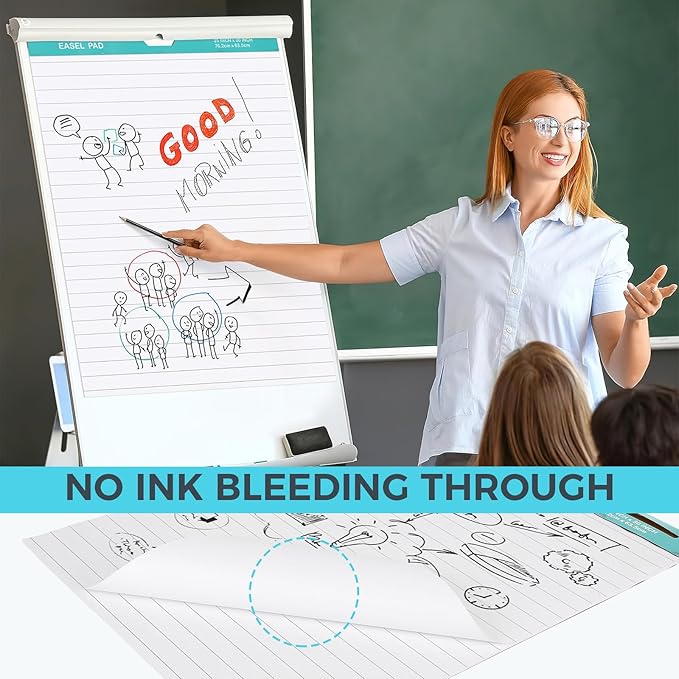 FAHKNS Lined Sticky Easel Pad，Large 25x30 Inch Self-Adhesive Teacher'S Flip Chart Paper, Easel Pad with Dry Erase Surface for Classroom/Office, White, 30 Sheets/Pad, 6 Pads/Pack