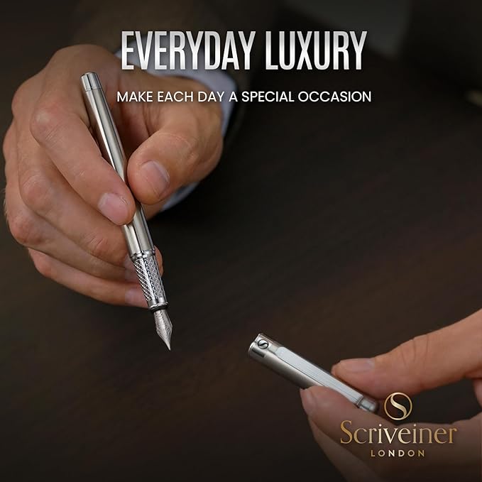Scriveiner Stainless Steel Fountain Pen - Stunning Luxury Pen with Steel Finish, Schmidt Steel Nib (Medium), Pen Gift Set for Men & Women, Professional, Executive Office, Nice Designer Pens