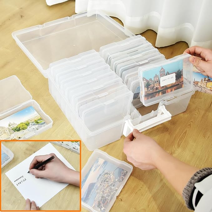 ALINK Photo Storage Box with Handle, 4" x 6" Photo Case Craft Keeper Organizer Container with 16 Inner Case and Label for Pictures, Arts, Crafts, Sewing, Stickers, Office Supplies - Clear