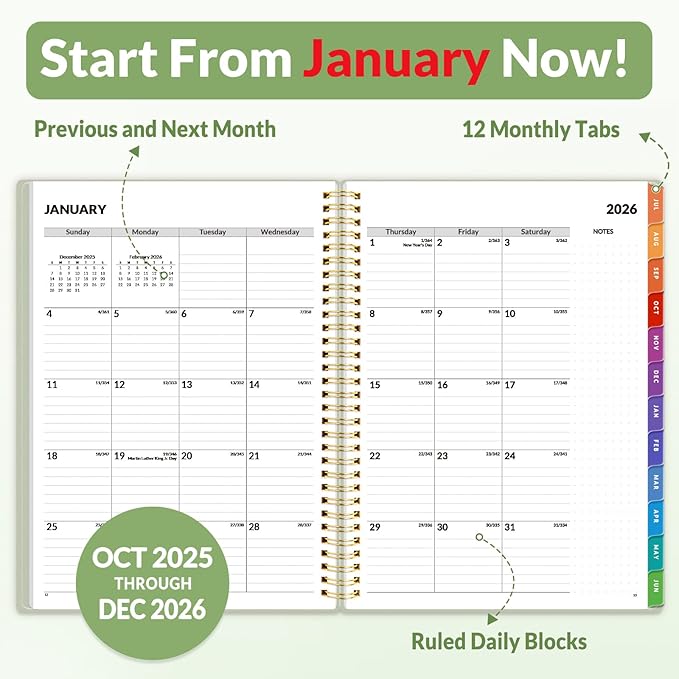 SUNEE 2026 Weekly and Monthly Planner - from January 2026 - December 2026, Daily Agenda Planner with Monthly Tab, Flexible Cover, Note Pages, Pockets, Bookmark, Spiral Binding, Sage Green, 8.5"x11"