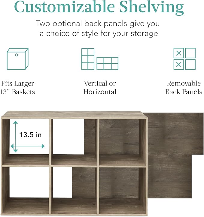Best Choice Products 6-Cube Storage Organizer, 13.5in Shelf Opening, Bookcase, Display Shelf, Customizable w/ 3 Removable Back Panels – Greige