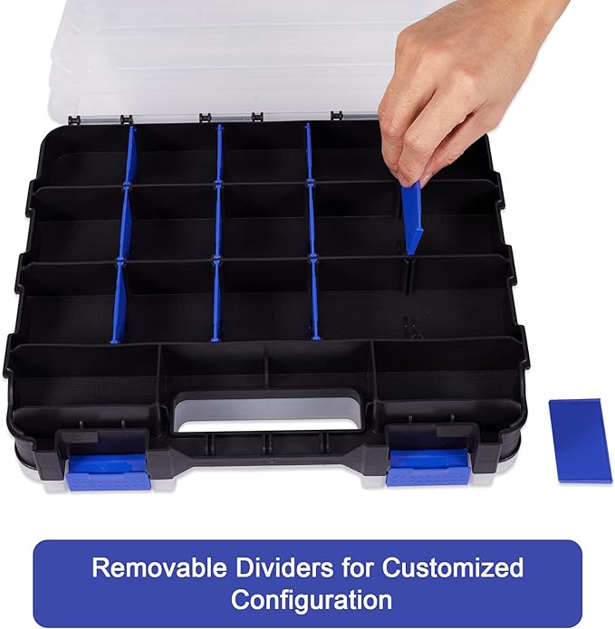 Hardware Organizer Box with 34 Compartments & Removable Dividers - Durable Plastic Double Side Tools Box for Nuts, Bolts, Screws, Nails & Small Hardware (Blue)