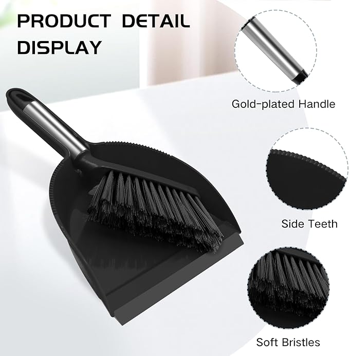 NACENA Mini Broom and Dustpan Set, Small Dust Pan and Brush Set with Handle Dustpan Teeth for Cleaning Hair Suitable for Office Desks Drawers Sofas Outdoor Camping, Black