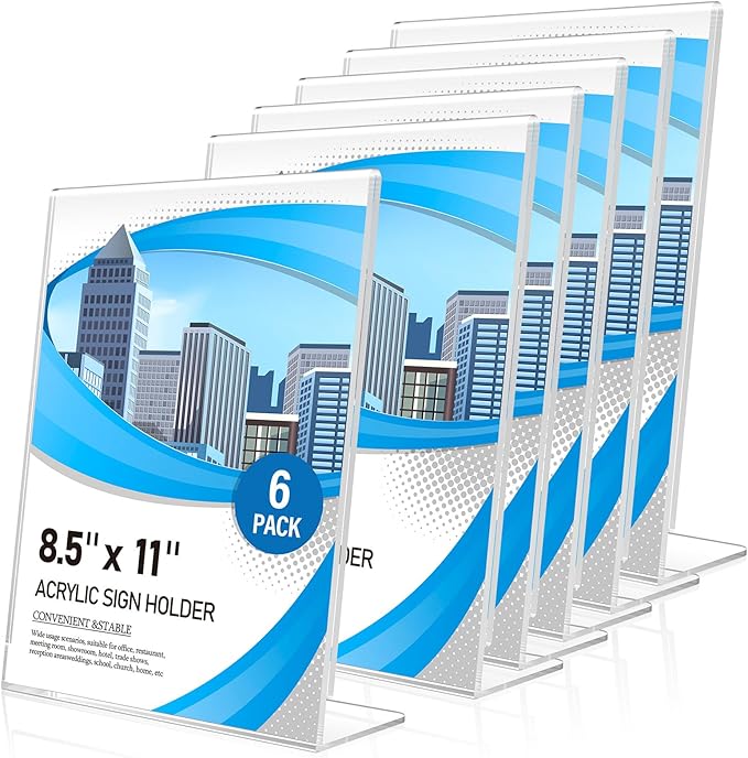 Eocnrhe Acrylic Sign Holder 8.5 x 11 6 Pack, Double-Sided Clear Sign Holder Plastic Stands for Display, Table Sign Stands, L Shape Flyer Holder