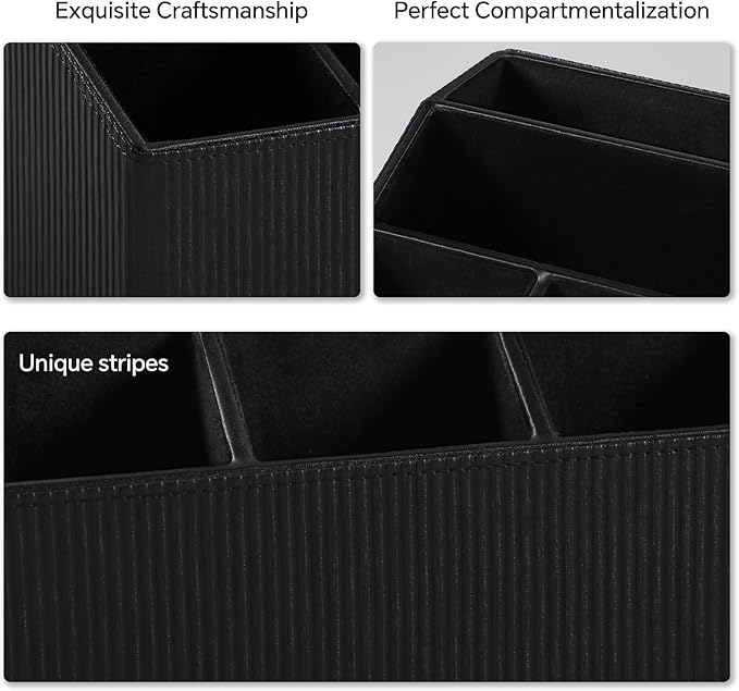 Cretkhp Remote Control Holder with 5 Compartments for Office Art Supplies, PU Leather Nightstand Organizer Pencil Pen Desk Caddy for Home, Desktop TV Remote Control Organizer Storage (Striped Black)