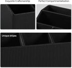 Cretkhp Remote Control Holder with 5 Compartments for Office Art Supplies, PU Leather Nightstand Organizer Pencil Pen Desk Caddy for Home, Desktop TV Remote Control Organizer Storage (Striped Black)