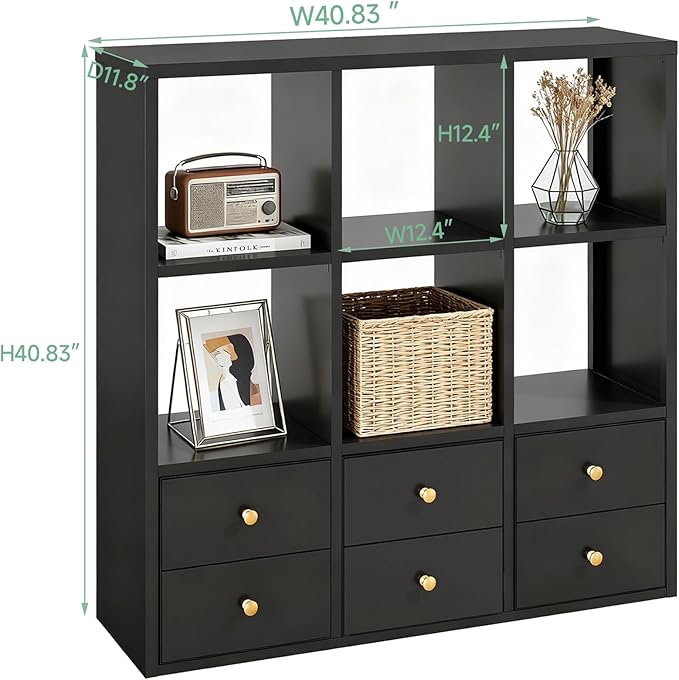 IRONMIX Metal 9 Cube Storage Organizer, Short Black Bookshelf with Storage, 3 Tier Display Shelf, Modern Cube Storage Shelf, Sideboard Cabinet for Small Places, Living Room, Home Office, Study