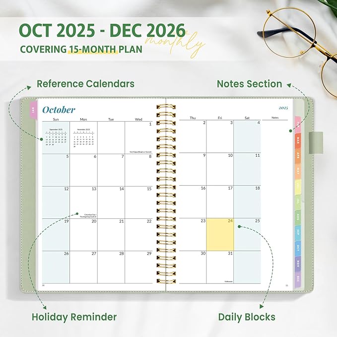 2026 Planner, Annecy Weekly ＆ Monthly Planner 2026, Jan. 2026 – Dec. 2026, 6.4" x 8.5" Monthly Agenda Planner with Tabs, Vegan Leather Cover, Spiral Binding, Double-sided Pocket, Bookmark, Green