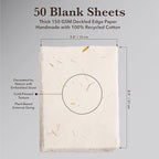Wanderings Cream A5 Handmade Deckled Edge Cotton Paper - Cold Pressed Texture - Paint, Watercolor, Writing, Printer, Cards, Invitations, Menus, Arts and Crafts. 50 Pack 150gsm - 5.8" x 8.3"
