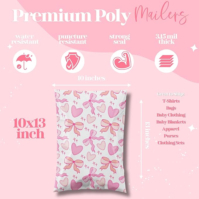 Pretty Package Store 10x13 Designer Poly Mailer 100 Pack Heavy Duty Waterproof Self Seal Shipping Bags for Small Business Large Mailing Envelopes Bulk Tear Resistant Packaging Coquette Bows Hearts