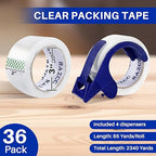 RAZCC Clear Packing Tape, 36 Rolls Heavy Duty Packaging Tape with Dispensers for Packing Shipping Moving and Sealing, Thicker Packing Tape-2" x 65 Yards Per Roll, 2340 Total Yards