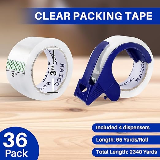 RAZCC Clear Packing Tape, 36 Rolls Heavy Duty Packaging Tape with Dispensers for Packing Shipping Moving and Sealing, Thicker Packing Tape-2" x 65 Yards Per Roll, 2340 Total Yards