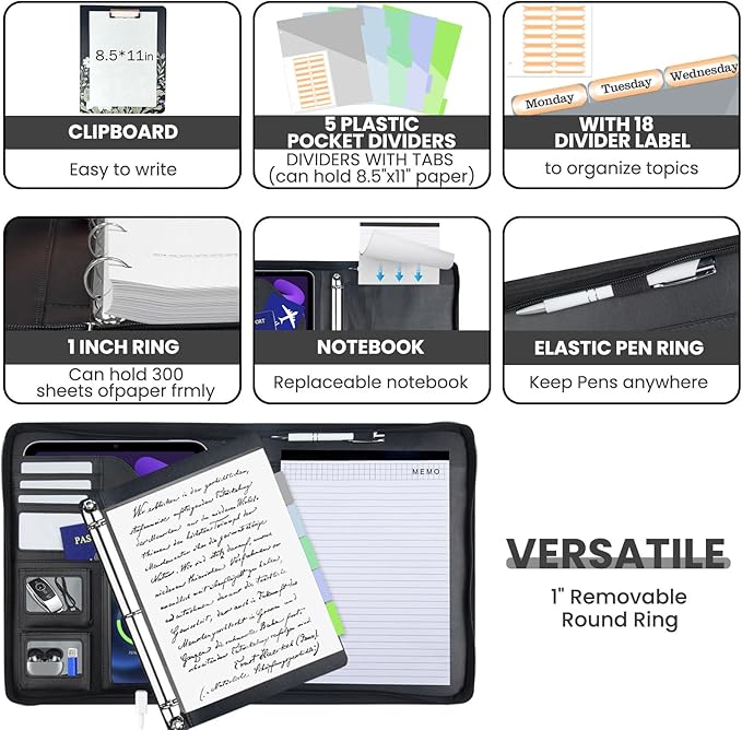 KLLVE Clipboard with Storage for Men Women, Leather Padfolio Portfolio with Zipper, 1 Inch 3 Ring Binder 5 Dividers, Notepad for Letter Size, Elastic Closure and Pen Loop, Card Slot Black Flower