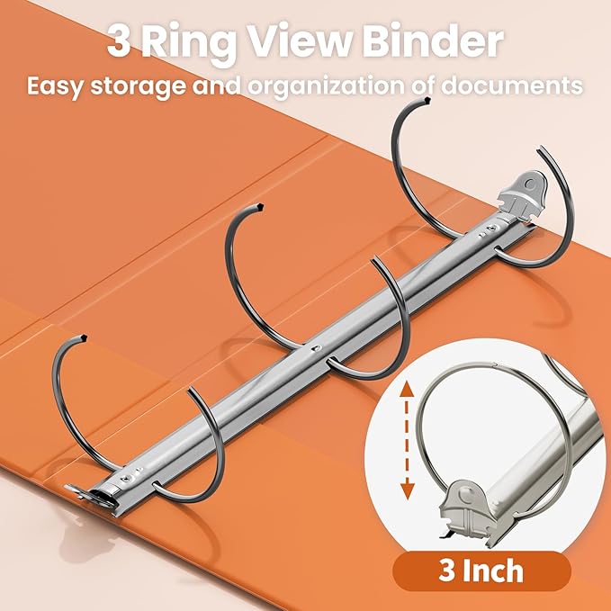SUNEE 3 Ring Binder 3 Inch 1 Pack, Clear View Binder Three Ring PVC-Free (Fit 8.5x11 Inches) for School or Office Supplies, Orange