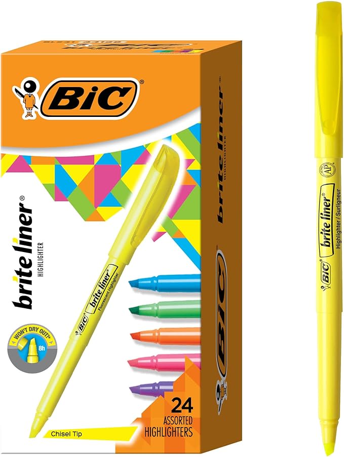 BIC Brite Liner Highlighters Chisel Tip Assorted Colors | Vibrant | 24-Count, Pack of 12