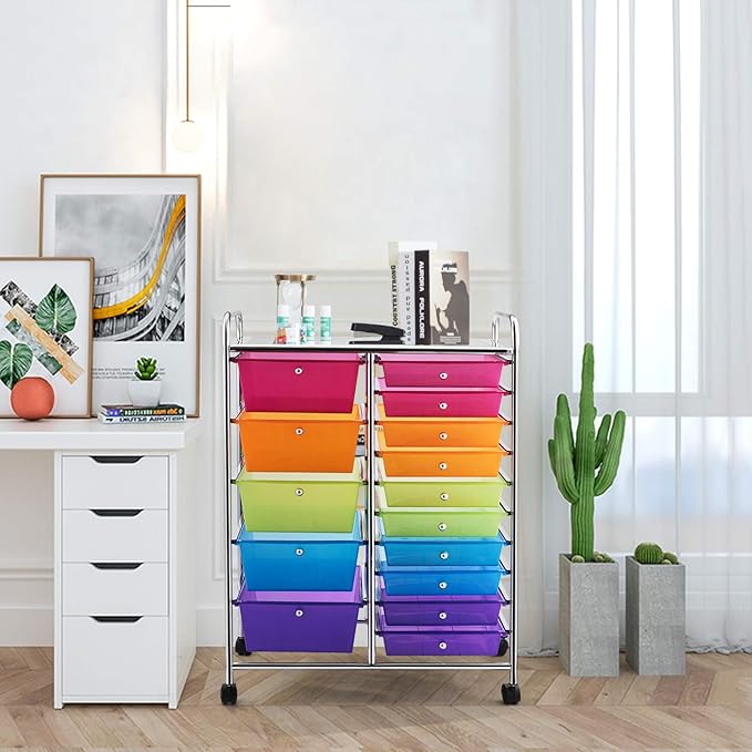 HAPPYGRILL 15-Drawer Rolling Cart, Storage Carts with Removable Drawers & Steel Frame, Utility Cart on Lockable Wheels for Home, School, Office,Colorful