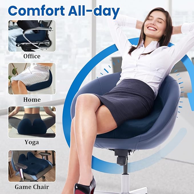 CushZone Seat Cushion, Memory Foam Office Chair Seat Cushion for Office Chairs/Car/Long Trip/Desk Chair/Gaming, Extra Large Size for Sciatica & Hip & Tailbone Pain Relief, Sciatica Support (Blue)