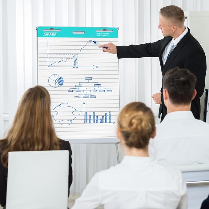 SHARBDA Lined Sticky Easel Pad, 25 * 30 inch,Self-Stick Flip Chart Paper, Super Adhesive & Bleed-Resistant,Micro-Perforated Tear,Classroom Teacher Office Presentation Pads,10 Pads/Pack,300 Sheets