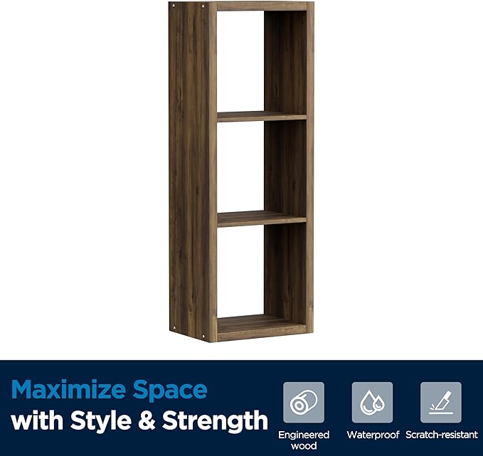 Jpiziso 3 Cube Storage Organizer Single Row, Cube Shelf with Heavy-Duty Thick Boards, 13.31" L x 9.37" W x 36.93" H, Smooth Easy-Clean Panels, Simple Assembly, for Living Room Bedroom Office, Brown