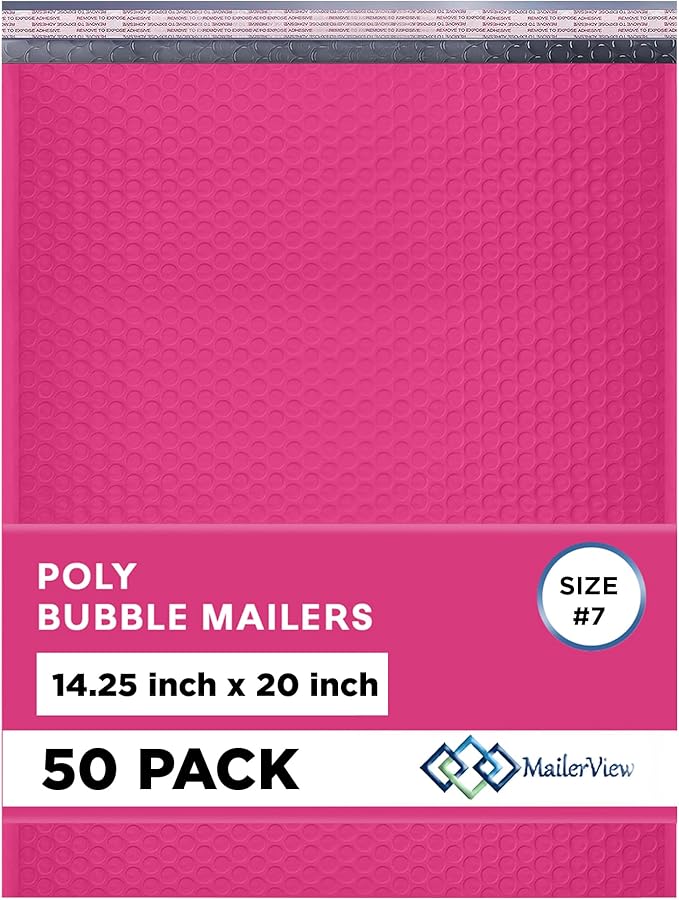 Hot Pink Extra Large Poly Bubble Mailers 14.25x20 inch #7 | Self Seal Large Padded Envelopes | Air Cushioned Bubble Mailer | Usable Size 14.25x19 Lightweight Mailing Shipping Bags| 50 Pack Bulk