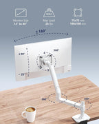 Ergounion Single Monitor Arm Desk Mount, Holds Screens up to 40 Inches and 25 lbs, Fully Adjustable Vesa Monitor Mount with C-Clamp and Grommet Base, Aluminum, White