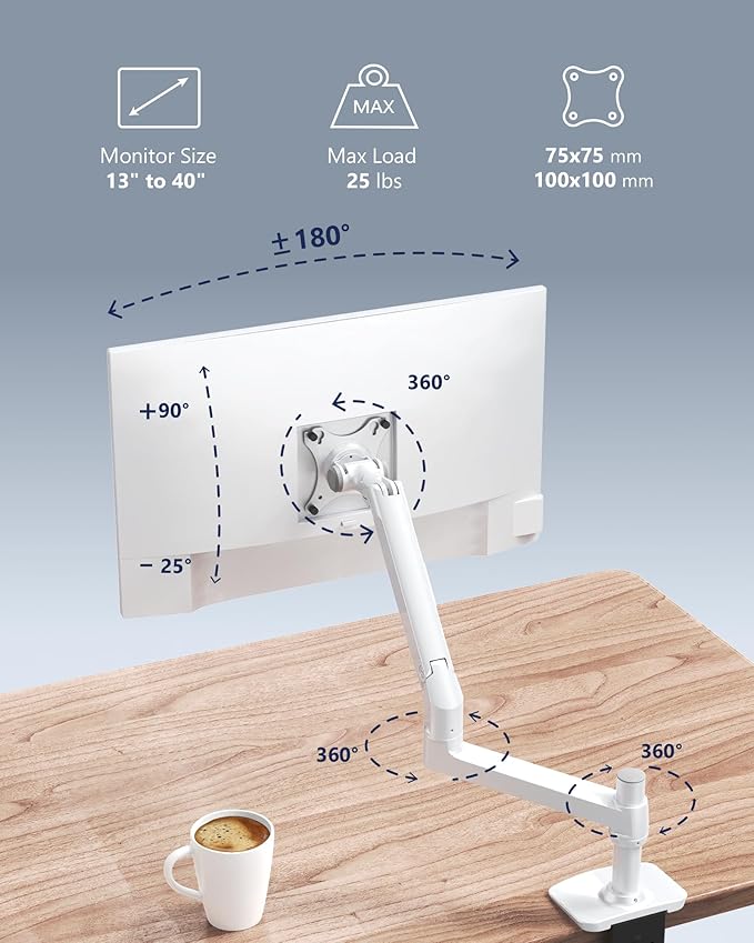 Ergounion Single Monitor Arm Desk Mount, Holds Screens up to 40 Inches and 25 lbs, Fully Adjustable Vesa Monitor Mount with C-Clamp and Grommet Base, Aluminum, White