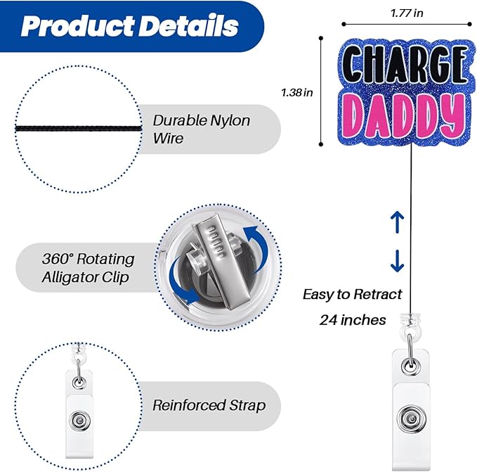 Charge Daddy Funny Badge Reel | Retractable ID Card Badge Holder | Name Tag Medical Work Badge Clip for Men Male Hospital Charge Nurse RN LPN CNA MA ER Night Shift Nurse Doctor Gifts | Alligator Clip