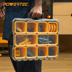 POWERTEC Small Parts Organizer & Tool Box – 10 Compartments, IP65 Water & Dust Protection, Stackable Storage with Interlocking Latch, Removable Tray, Clear Lid, Portable Design (72365)