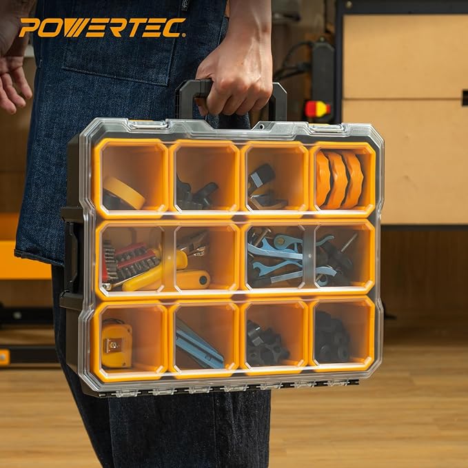 POWERTEC Small Parts Organizer & Tool Box – 10 Compartments, IP65 Water & Dust Protection, Stackable Storage with Interlocking Latch, Removable Tray, Clear Lid, Portable Design (72365)