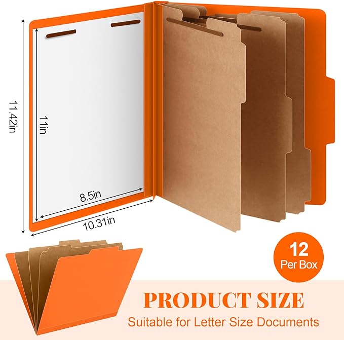 Skyygemm 12 Pcs Classification Folders Letter Size, 3 Divider Pressboard File Folder with Fasteners, Expanding File Organizer Bulk for School Teachers, Office Employee, Coworker, Staff (Orange)