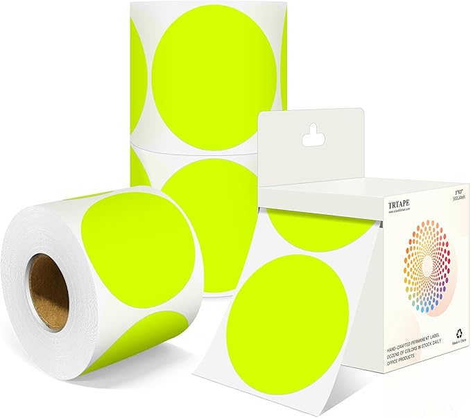 3 Inch Round Colored Dot Stickers, 2000 PCS, 4 Rolls in Dispenser Box - Fluorescent Yellow Circle Color Coding Labels Dot Labels for Office, Home, Inventory Organizing