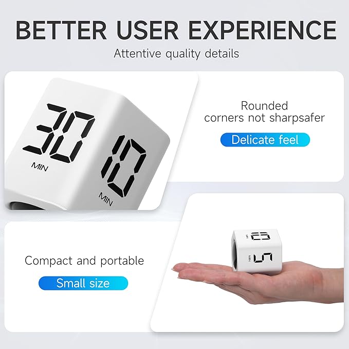 Exlliy Productivity Timer 1, 5, 10, 30, 60 Minutes Preset, Desk Cube Timer with Gravity Sensor/Mute/Vibration for ADHD, Work, Study, Kitchen, Back to School (1, White)