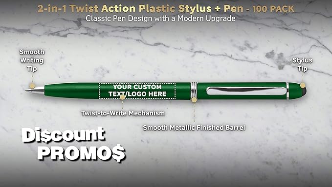DISCOUNT PROMOS Custom Twist Action Plastic Stylus Pens, Set of 100, Personalized Bulk Pack - Pens for Work, Cool Pens for Writing, Black Ink - Green