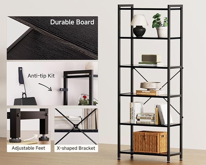 Casaottima Book Shelf, 6 Tier Tall Bookshelf, Modern Wood Bookcase Shelves for Bedroom, Industrial Display Shelf for Living Room Home Office Kitchen, Standing Shelving Unit Storage Organizer, Black