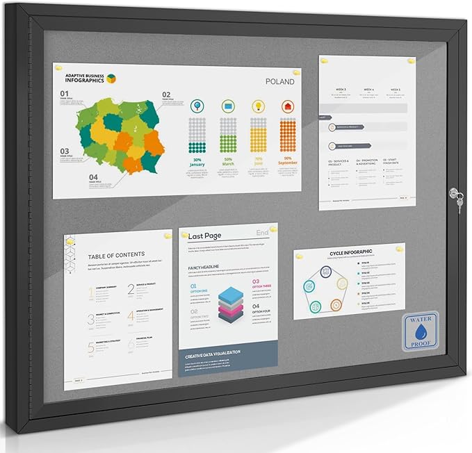 S SWANCROWN Outdoor Bulletin Board Weatherproof 37x28in, Enclosed Bulletin Board Wall Display Case Grey Felt Board for Office School Commerce,Black Aluminum Frame