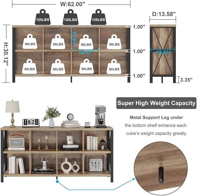 FATORRI 8 Cube Storage Organizer Bookshelf, 62 Inch Rustic Wood Horizontal Bookcase, Industrial Cube Long Book Shelf for Living Room (Rustic Oak)