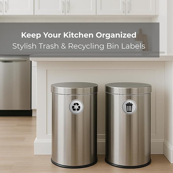 Trash and Recycle Stickers Set of 2 | Indoor Outdoor UV Stable & Weatherproof | Kitchen Pantry Office Organization | Garbage Bin and Waste Basket Label | 3x3 Inch Round Recycling and Trash Sticker