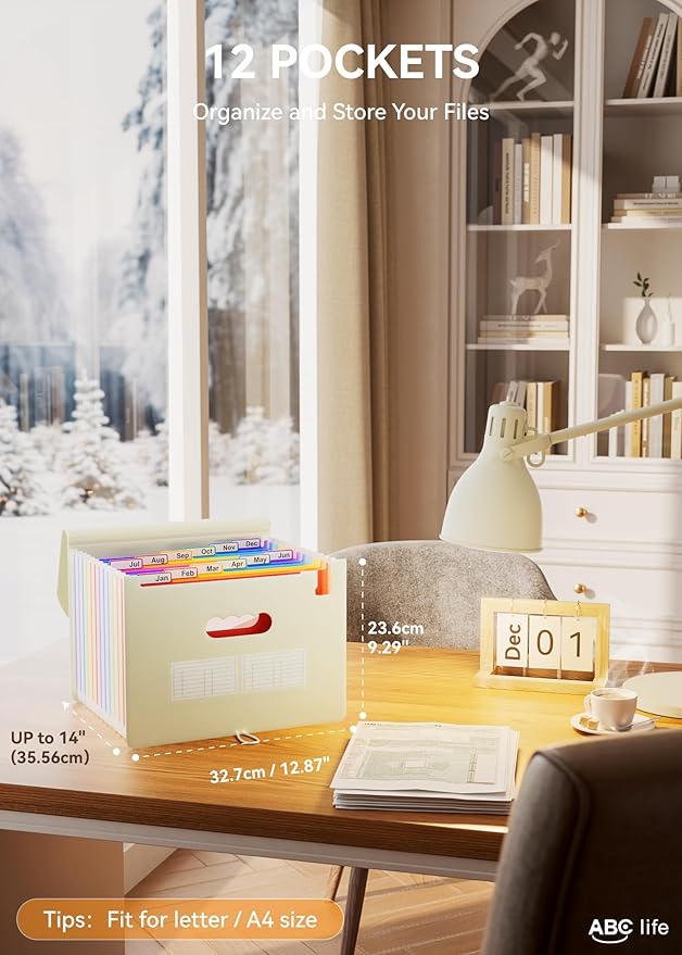 ABC life 12-Pocket Accordion File Organizer, Expandable File Folder with Colorful A-Z Tabs, Portable Bill & Receipt Organizer, Desktop Letter/A4 Paper Document Storage for Home & Office- Beige Color