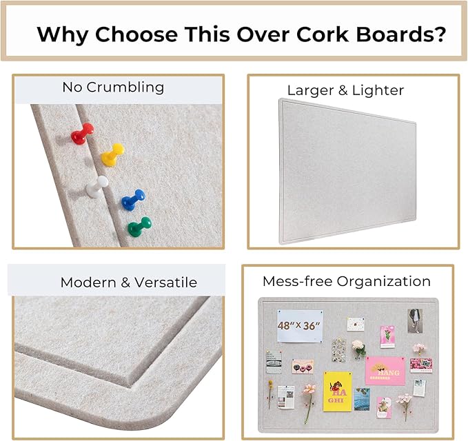 Foldable Bulletin Board 48x36 Large, Felt Cork Board for Wall with Adhesive Tape, Fabric Pin Board for Office, Home, School, Classroom, Kitchen, Dorm Room, Includes 30 Pins, Ivory Tan