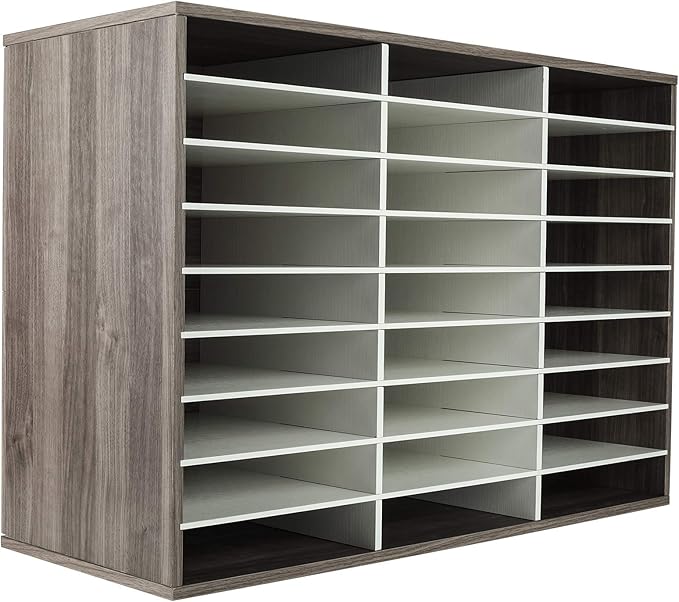 TQVAI Wood Literature Organizer, 27 Slots Hold 13500 Sheets A4 Papers, Wooden Desk File Paper Storage Organizer with Adjustable Shelves, Mailbox Cubbies for Office Home Classroom, Retro Grey/White