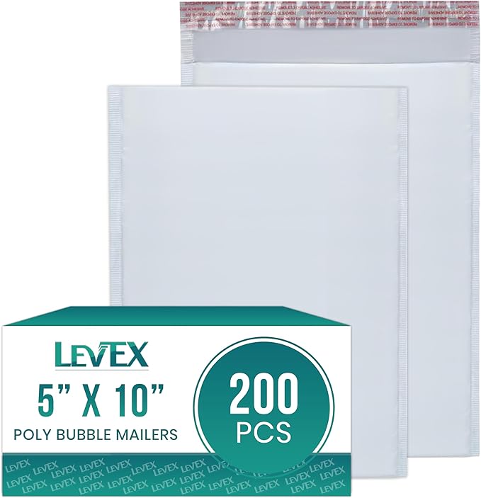 Levex - #00 5" x 10" [200 Pack] Poly Bubble Mailers, Padded Envelope Mailers, Packing Envelope & Mailing Bags for Shipping
