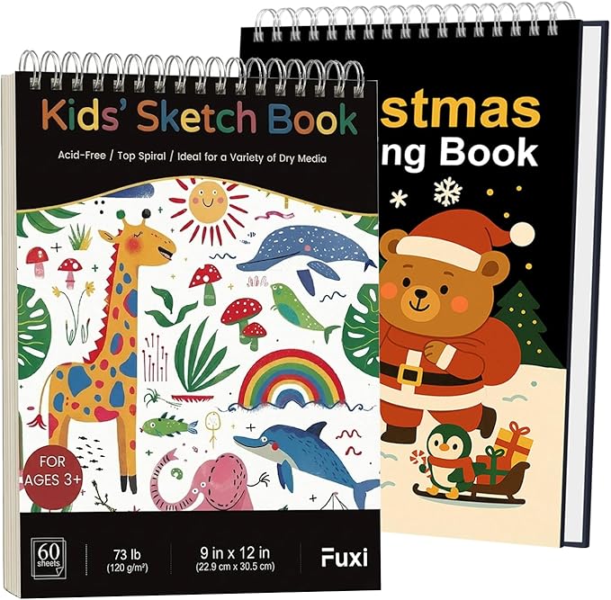 Fuxi Christmas Coloring Books for Kids Ages 8-12, 60 Sheets (73lb/120gsm) Blank Sketchbook + 50 Designs Blank Coloring Book, Coloring Supplies & Art Supplies for Kids.