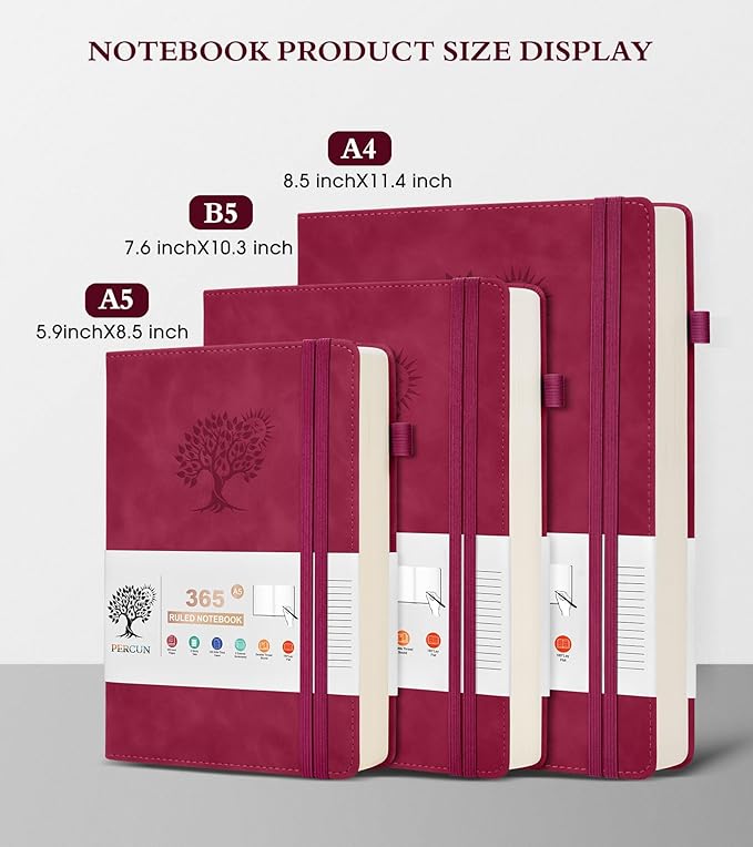 PERCUN A4 Lined Journal Notebook，365 Page Large Leather Journals for Writing Women Men，Hardcover Notebook with 100Gsm Thick Pages for Travel，Work，School，College Ruled, Daily Diary (8.5" x 11.4")