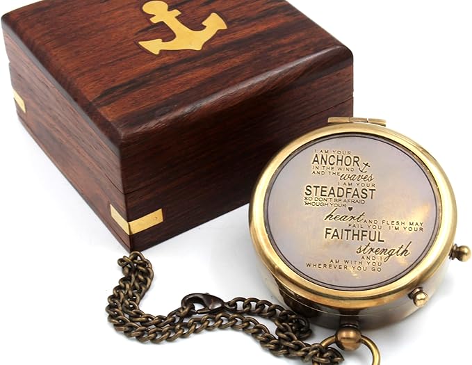US HANDICRAFTS I Am Your Anchor, Faithful, Strength Engraved Brass Compass | Portable Sentimental Son Birthday, Graduation, Confirmation, & Baptism Gift with Wooden Box and & Chain