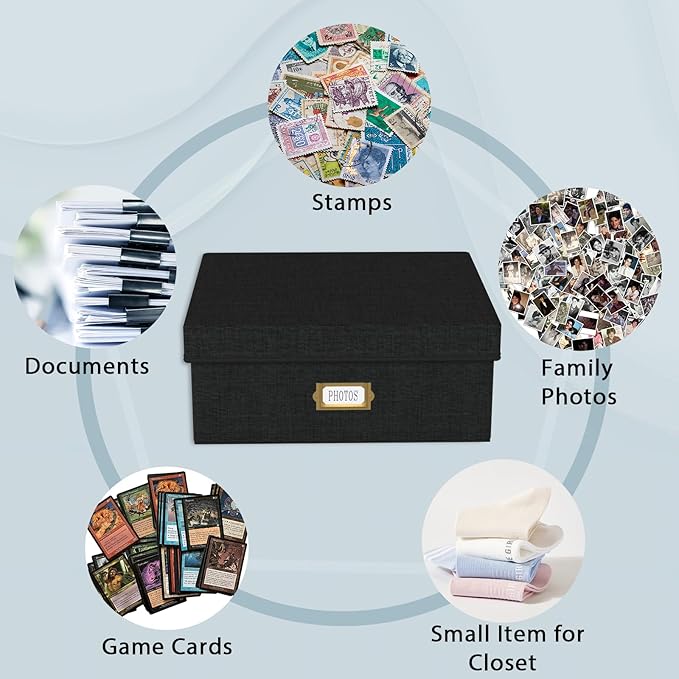 Decorative Photo Storage Box - Linen Photo Box Organizer with Dividers, Fits Holds Up to 1700 Pictures and 4x6 Photos, Memory Keepsake Organizer for Photos, Scrapbook Supplies, Cards, Stamps (Black)