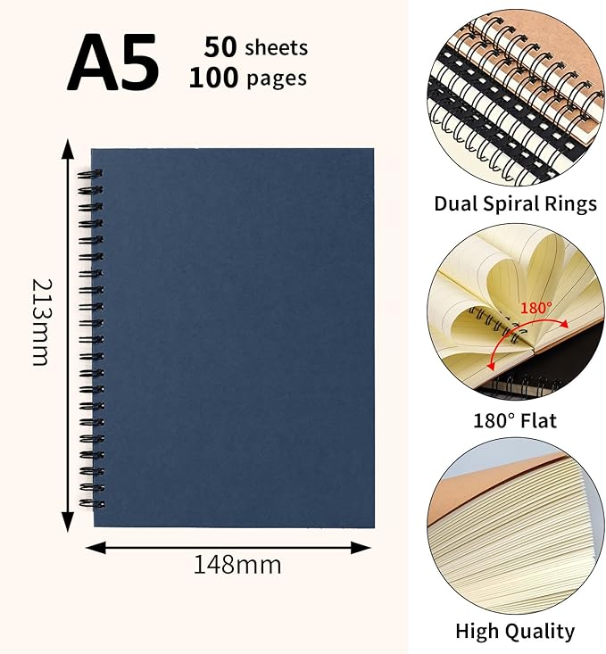Custom Spiral Notebook - Upload Your Own Photo/Logo/Text, Set of 4 Personalized Journals, A5 Kraft Soft Cover, 120 Pages, 8.4 x 5.8 Inch, Customizable Notebooks for Gifts, Office or Business, Black