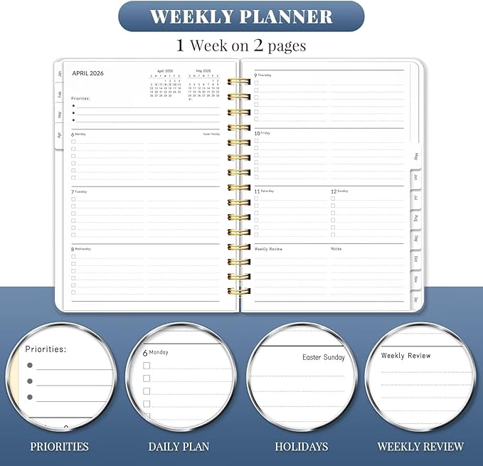 2026 Planner, Weekly and Monthly Planners with Tabs, A5 Spiral Bound Daily Calendar 2026 Planner, 12 Month Agenda Organizers from Jan. to Dec., Flexible Cover Appointment Book(Blue Tarrow)